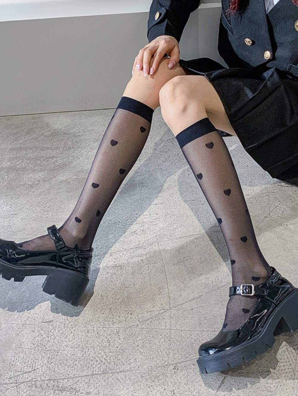 Sheer Knee-High Heart Pattern Socks - Black